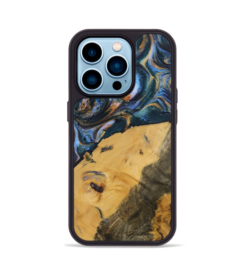 iPhone 14 Pro Wood+Resin Phone Case - Damien (Teal & Gold, 702515)