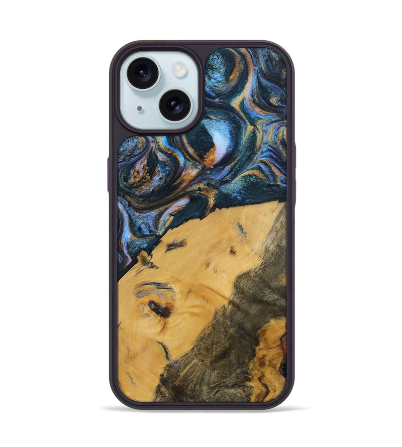 iPhone 15 Wood+Resin Phone Case - Damien (Teal & Gold, 702515)