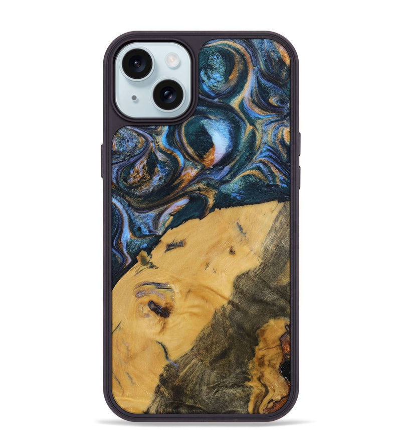 iPhone 15 Plus Wood+Resin Phone Case - Damien (Teal & Gold, 702515)