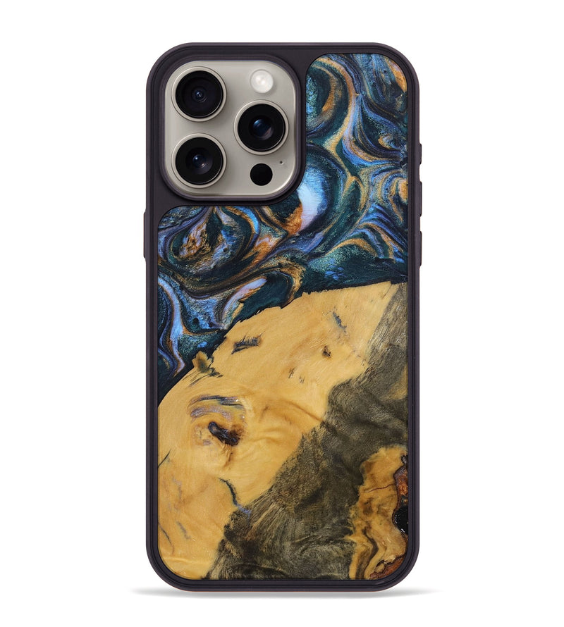 iPhone 15 Pro Max Wood+Resin Phone Case - Damien (Teal & Gold, 702515)