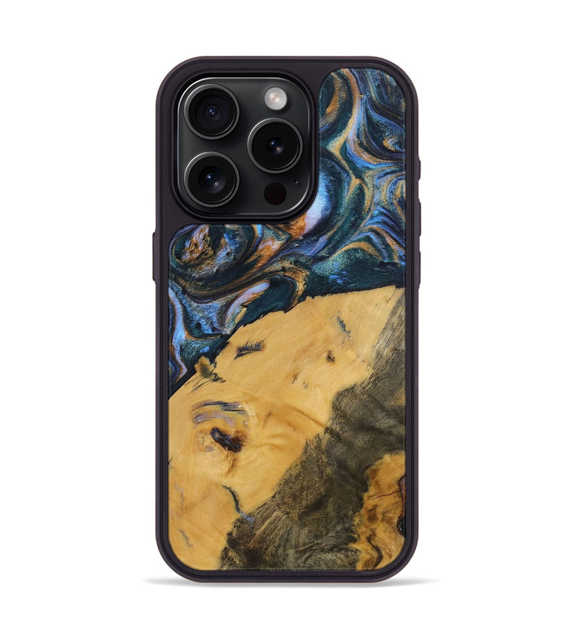 iPhone 15 Pro Wood+Resin Phone Case - Damien (Teal & Gold, 702515)