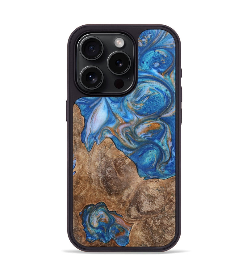 iPhone 15 Pro Wood+Resin Phone Case - Cali (Teal & Gold, 702519)