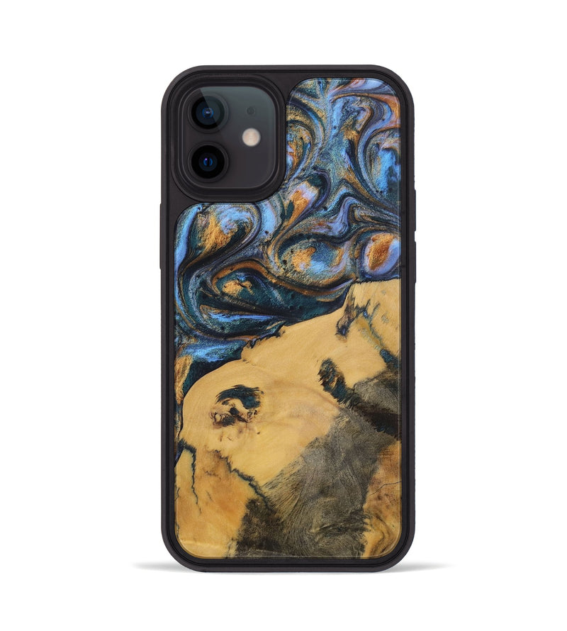 iPhone 12 Wood+Resin Phone Case - Audrey (Teal & Gold, 702521)