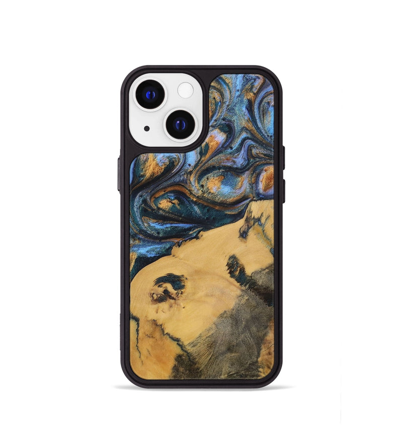 iPhone 13 mini Wood+Resin Phone Case - Audrey (Teal & Gold, 702521)