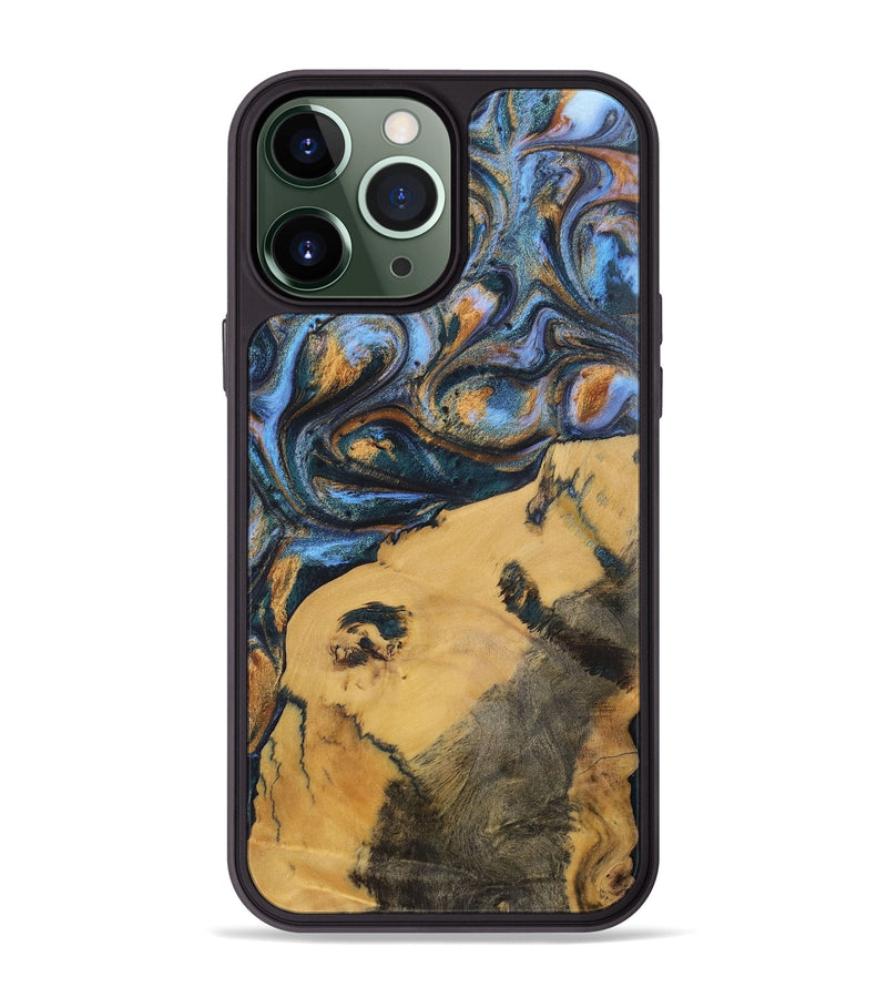 iPhone 13 Pro Max Wood+Resin Phone Case - Audrey (Teal & Gold, 702521)