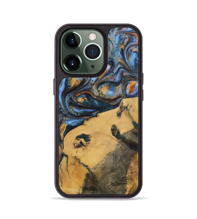 iPhone 13 Pro Wood+Resin Phone Case - Audrey (Teal & Gold, 702521)