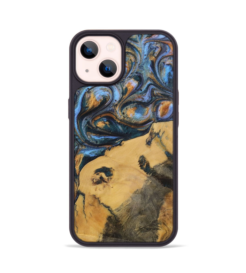 iPhone 14 Wood+Resin Phone Case - Audrey (Teal & Gold, 702521)