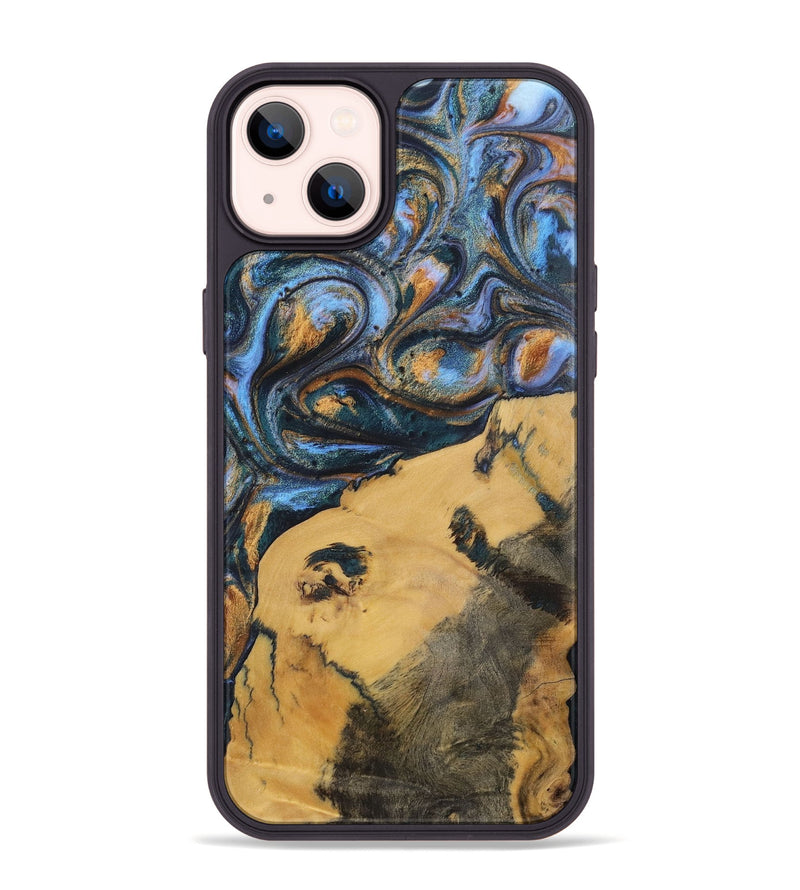 iPhone 14 Plus Wood+Resin Phone Case - Audrey (Teal & Gold, 702521)