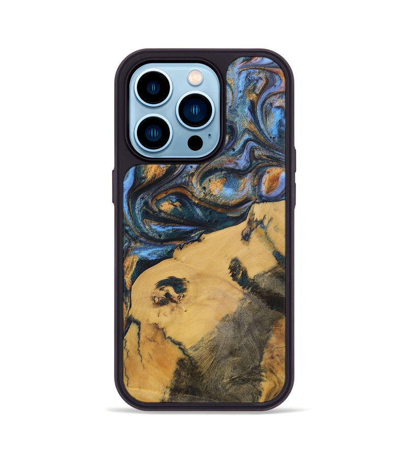 iPhone 14 Pro Wood+Resin Phone Case - Audrey (Teal & Gold, 702521)