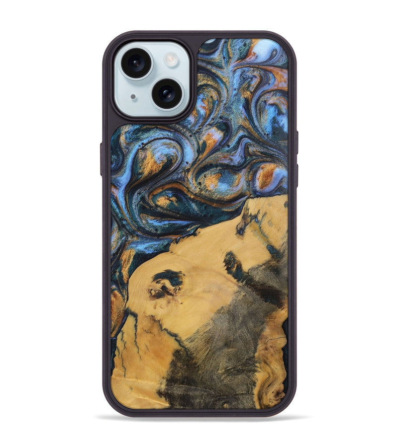 iPhone 15 Plus Wood+Resin Phone Case - Audrey (Teal & Gold, 702521)