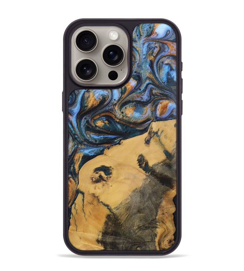 iPhone 15 Pro Max Wood+Resin Phone Case - Audrey (Teal & Gold, 702521)