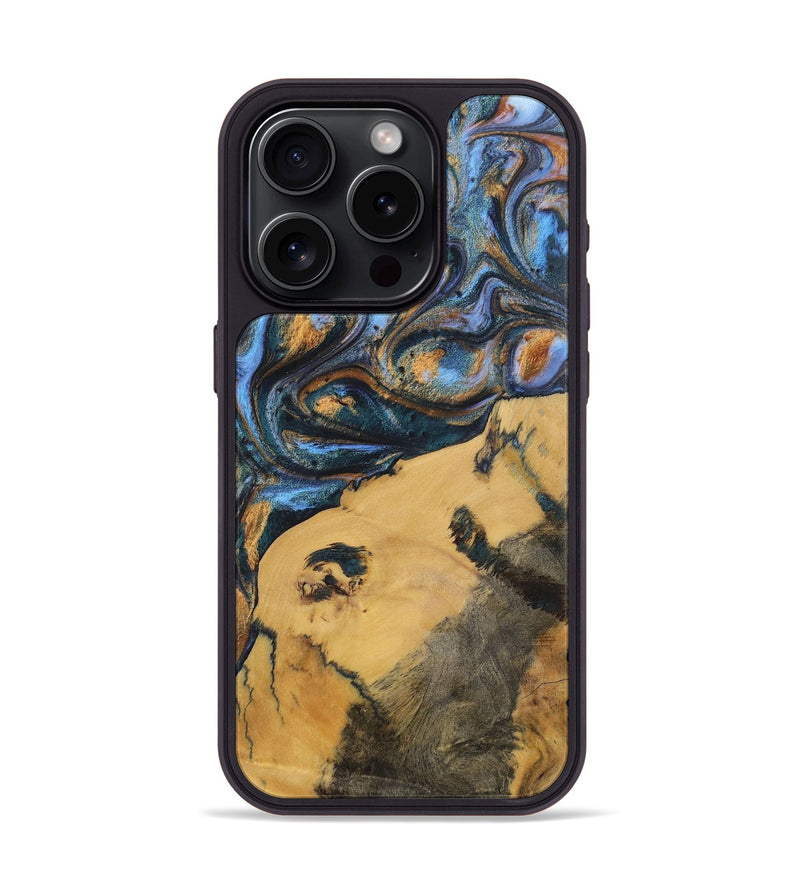 iPhone 15 Pro Wood+Resin Phone Case - Audrey (Teal & Gold, 702521)