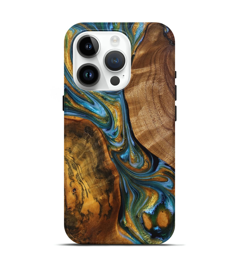 iPhone 15 Pro Wood+Resin Live Edge Phone Case - Jack (Teal & Gold, 702773)