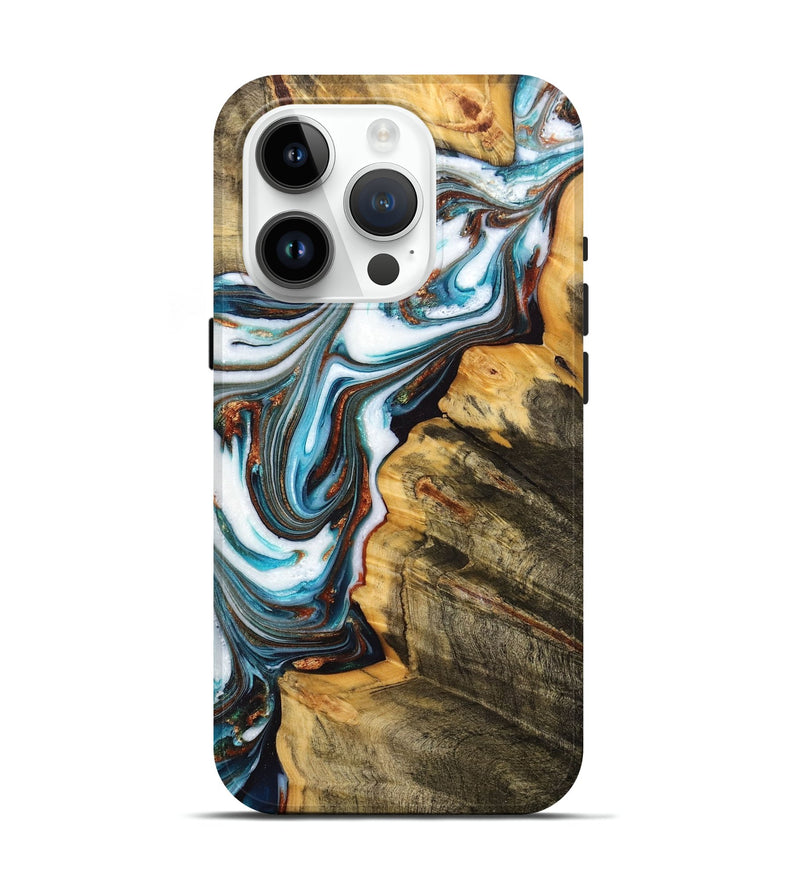 iPhone 15 Pro Wood+Resin Live Edge Phone Case - Hailee (Teal & Gold, 702775)