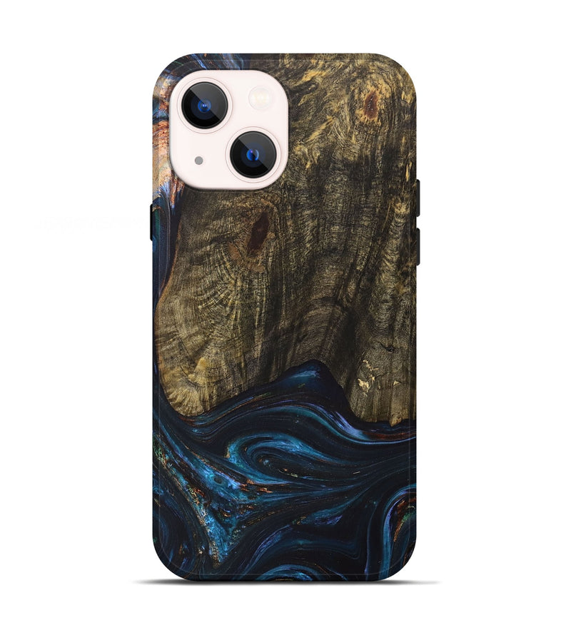 iPhone 13 Wood+Resin Live Edge Phone Case - Asher (Teal & Gold, 702920)