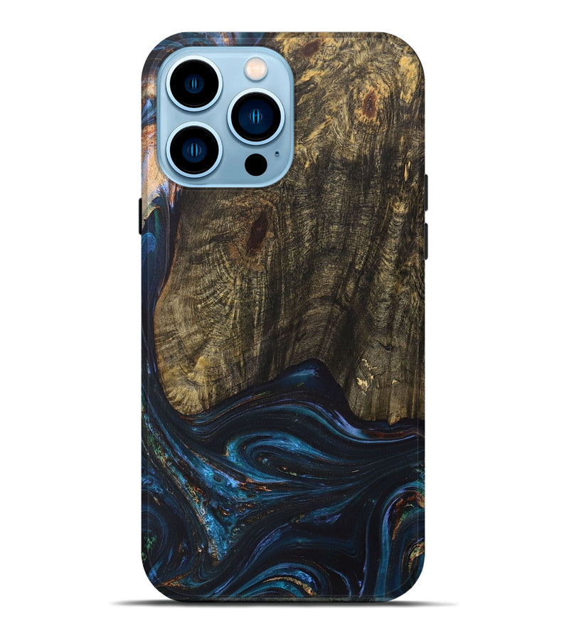 iPhone 14 Pro Max Wood+Resin Live Edge Phone Case - Asher (Teal & Gold, 702920)