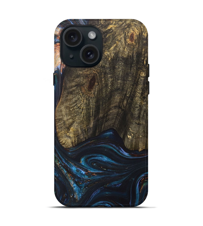 iPhone 15 Wood+Resin Live Edge Phone Case - Asher (Teal & Gold, 702920)
