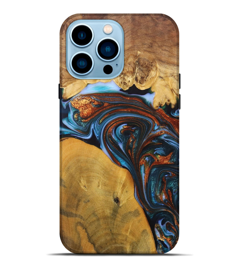 iPhone 14 Pro Max Wood+Resin Live Edge Phone Case - Jami (Teal & Gold, 702921)