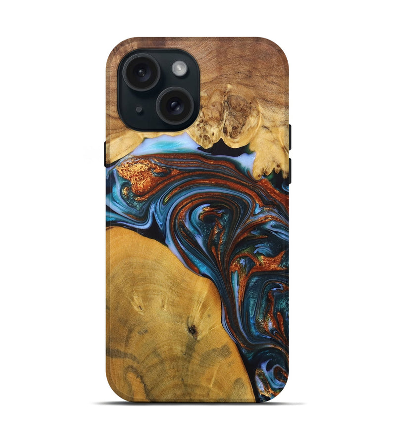 iPhone 15 Wood+Resin Live Edge Phone Case - Jami (Teal & Gold, 702921)