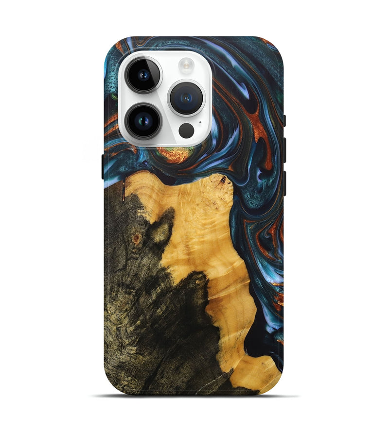 iPhone 15 Pro Wood+Resin Live Edge Phone Case - Moises (Teal & Gold, 702922)
