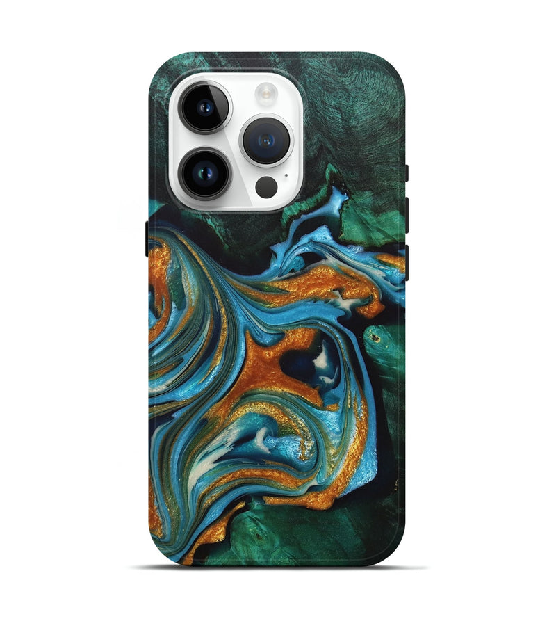 iPhone 15 Pro Wood+Resin Live Edge Phone Case - Barry (Teal & Gold, 702925)