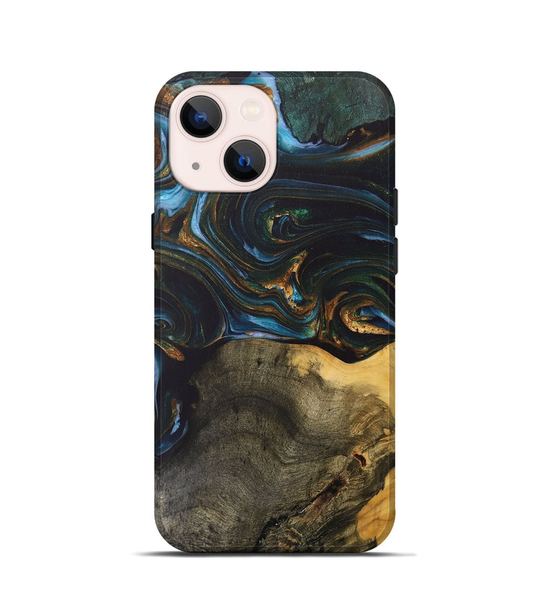 iPhone 13 mini Wood+Resin Live Edge Phone Case - Denise (Teal & Gold, 703574)