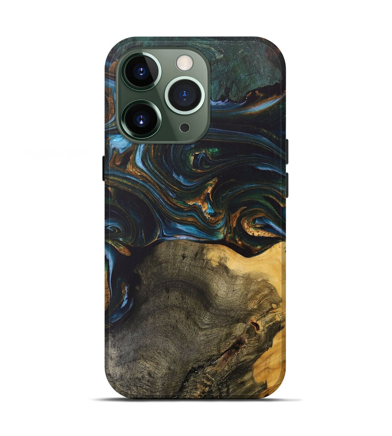 iPhone 13 Pro Wood+Resin Live Edge Phone Case - Denise (Teal & Gold, 703574)