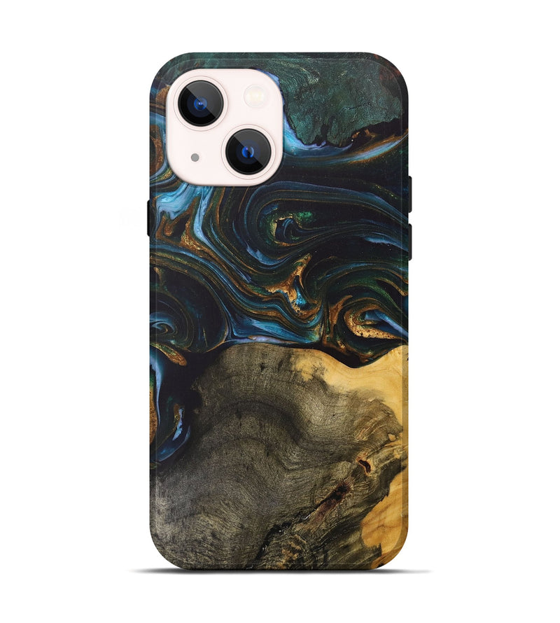 iPhone 14 Wood+Resin Live Edge Phone Case - Denise (Teal & Gold, 703574)