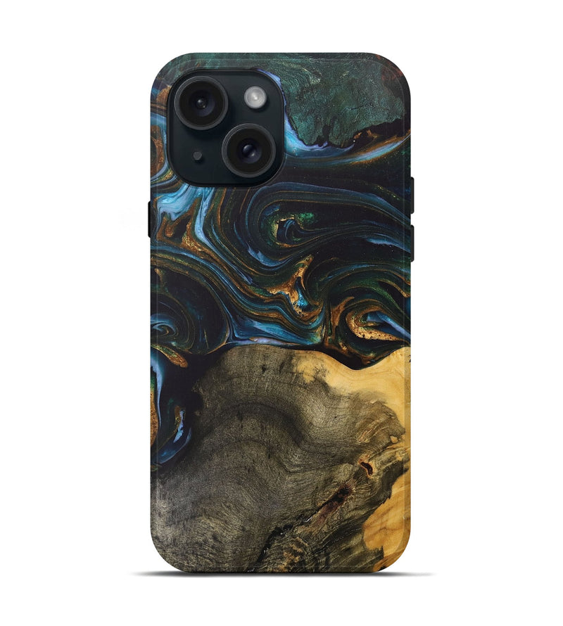 iPhone 15 Wood+Resin Live Edge Phone Case - Denise (Teal & Gold, 703574)