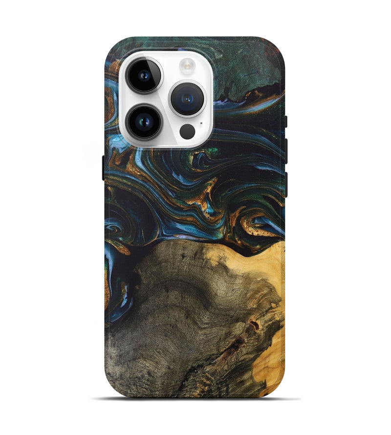 iPhone 15 Pro Wood+Resin Live Edge Phone Case - Denise (Teal & Gold, 703574)