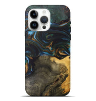 iPhone 15 Pro Max Wood+Resin Live Edge Phone Case - Denise (Teal & Gold, 703574)