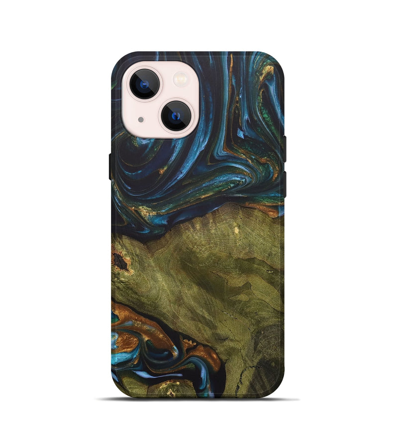 iPhone 13 mini Wood+Resin Live Edge Phone Case - Merle (Teal & Gold, 703575)