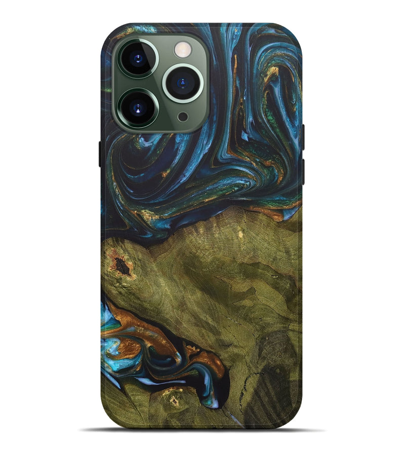 iPhone 13 Pro Max Wood+Resin Live Edge Phone Case - Merle (Teal & Gold, 703575)