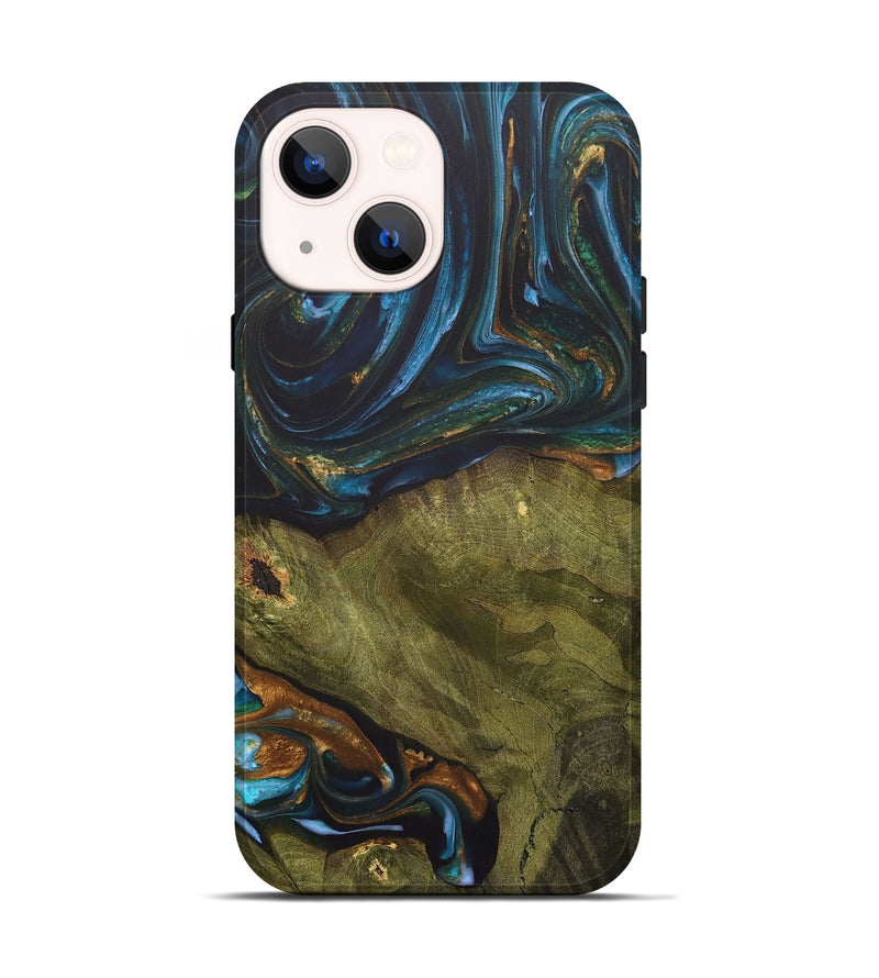 iPhone 14 Wood+Resin Live Edge Phone Case - Merle (Teal & Gold, 703575)