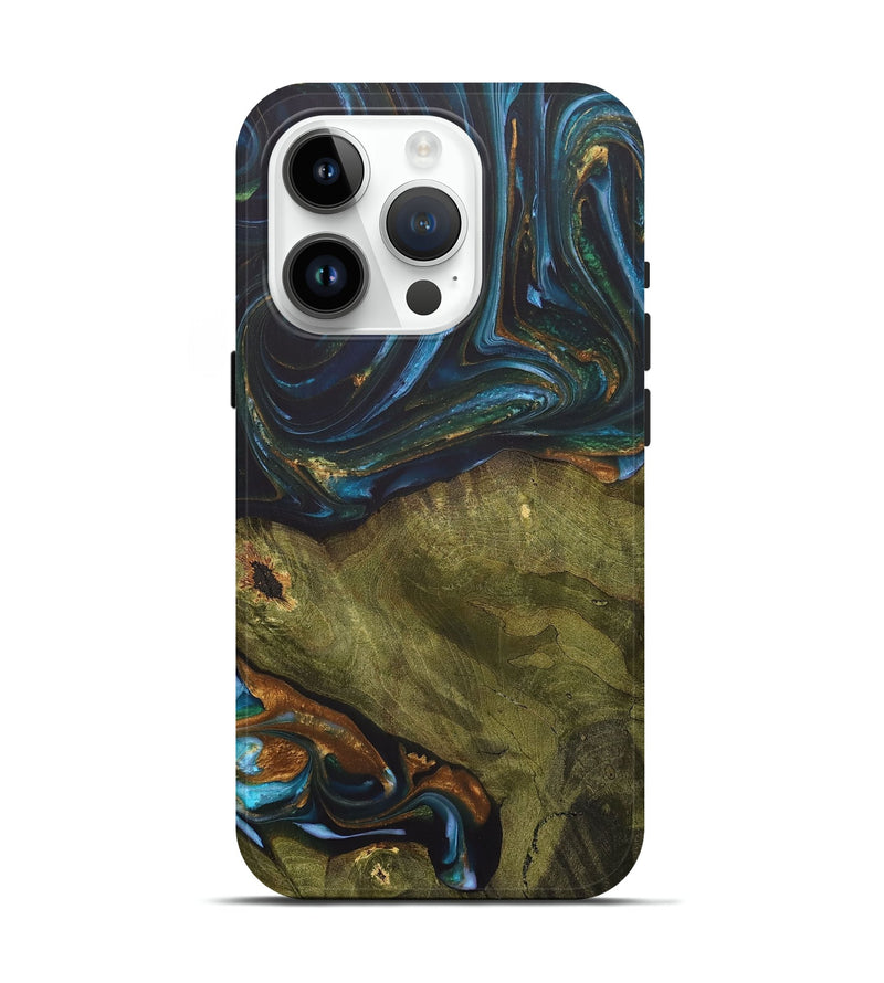 iPhone 15 Pro Wood+Resin Live Edge Phone Case - Merle (Teal & Gold, 703575)