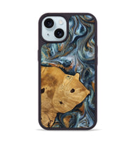 iPhone 15 Wood+Resin Phone Case - Maude (Teal & Gold, 703639)