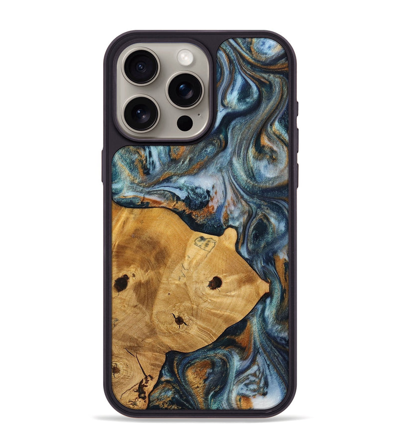 iPhone 15 Pro Max Wood+Resin Phone Case - Maude (Teal & Gold, 703639)