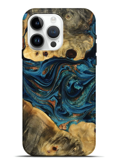 iPhone 15 Pro Max Wood Live Edge Phone Case - Deneen (Teal & Gold, 779002)