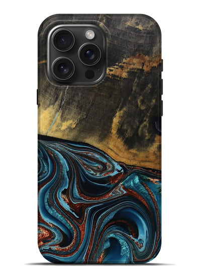 iPhone 16 Pro Max Wood Live Edge Phone Case - Kaylynn (Teal & Gold, 792502)