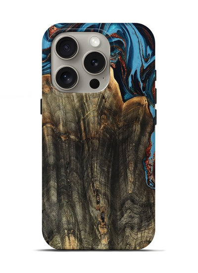 iPhone 16 Pro Wood Live Edge Phone Case - Jasmin (Teal & Gold, 799710)