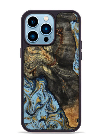 iPhone 14 Pro Max Wood Phone Case - Autumn (Teal & Gold, 800062)