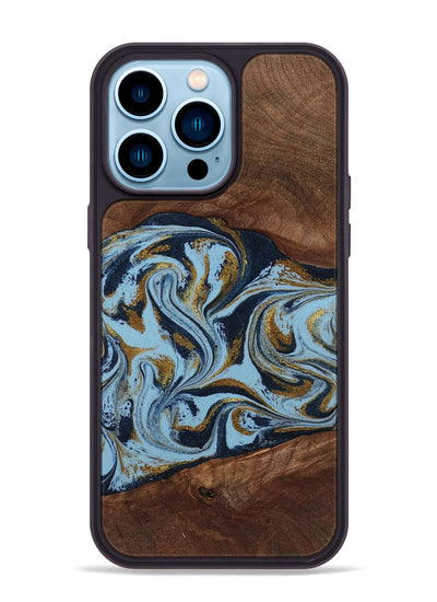 iPhone 14 Pro Max Wood Phone Case - Karol (Teal & Gold, 800081)