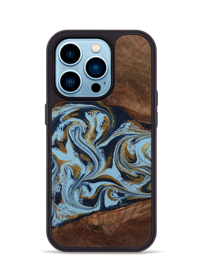 iPhone 14 Pro Wood Phone Case - Karol (Teal & Gold, 800081)
