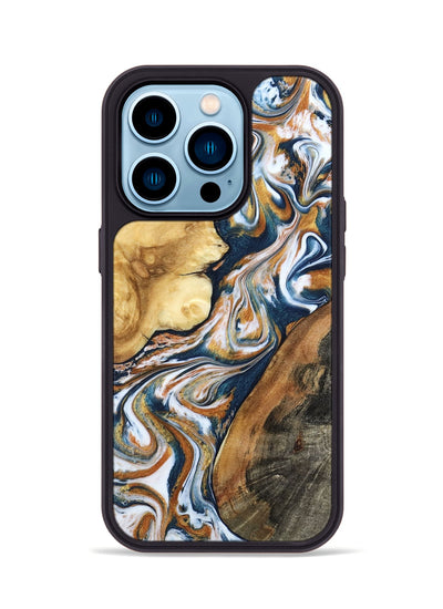 iPhone 14 Pro Wood Phone Case - Esta (Teal & Gold, 800083)