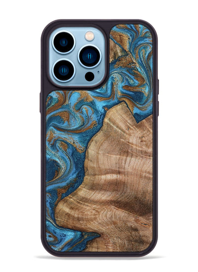 iPhone 14 Pro Max Wood Phone Case - Julisa (Teal & Gold, 800084)