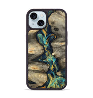 iPhone 15 Wood Phone Case - Syreeta (Teal & Gold, 800459)