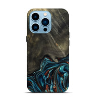 iPhone 14 Pro Wood Live Edge Phone Case - Nettie (Teal & Gold, 800518)
