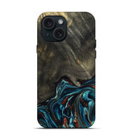 iPhone 15 Wood Live Edge Phone Case - Nettie (Teal & Gold, 800518)