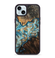 iPhone 15 Plus Wood Phone Case - Dominic (Teal & Gold, 800692)