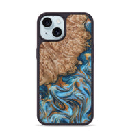 iPhone 15 Wood Phone Case - Arnold (Teal & Gold, 800694)